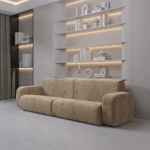 3 Seater Light Tan Sofa With Cushion Upholstery