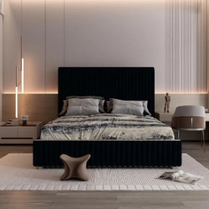 Velvet Upholstered Dark Teal King-Size Bed With Solid  Headboard