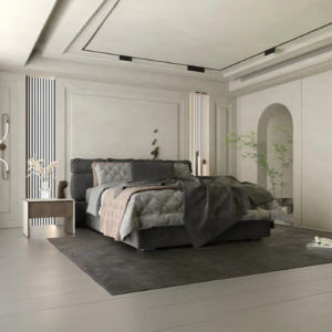 Velvet Upholstered Classical King-Size Grey Bed