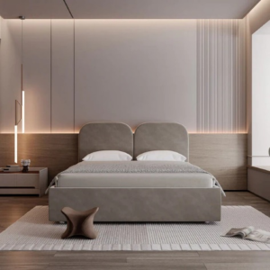 Modern King-Size Bed With Beige Upholstery