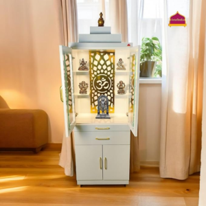 White Wooden Pooja Door Mandir for Home/Temple for Office/Pooja Mandir Door with Om Golden Jali LED Warm White Light & 4 shelfs