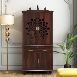 WOODSBERRY 5.8 Feet Long Wooden Temple for Home | Big Pooja Mandir, Puja Ghar with 2 Drawer Storage, 4 Door Cabinet & Dhoop Batti Slider Stand | Solid Wood Sheesham, Walnut Finish